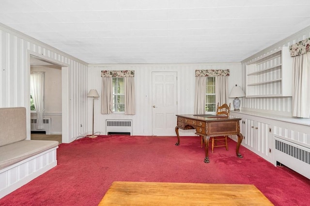 146 Elm St, Andover, MA 01810 - sitting room featuring radiator heating unit, carpet, crown molding, and wallpapered walls