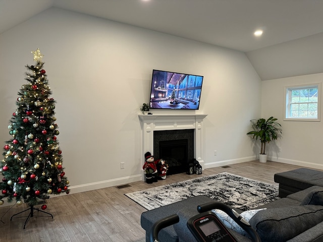 living room with wood-type flooring and vaulted ceiling