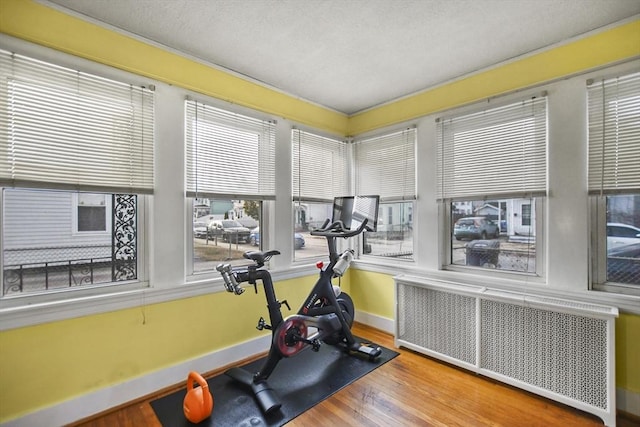 workout room featuring wood-type flooring, a textured ceiling, and radiator