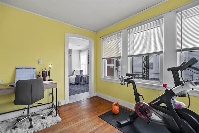 workout room featuring hardwood / wood-style floors and crown molding