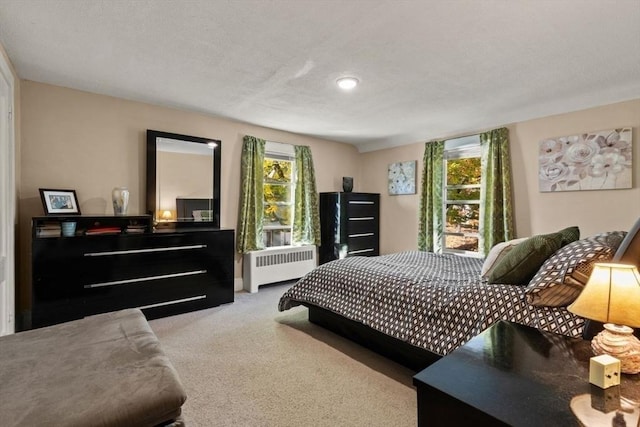 carpeted bedroom with radiator heating unit