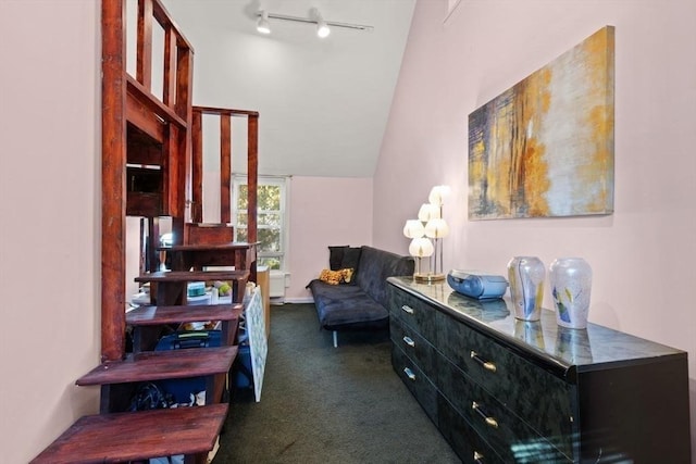 interior space with dark carpet and lofted ceiling