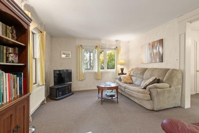 living area with ornamental molding, carpet, and baseboards