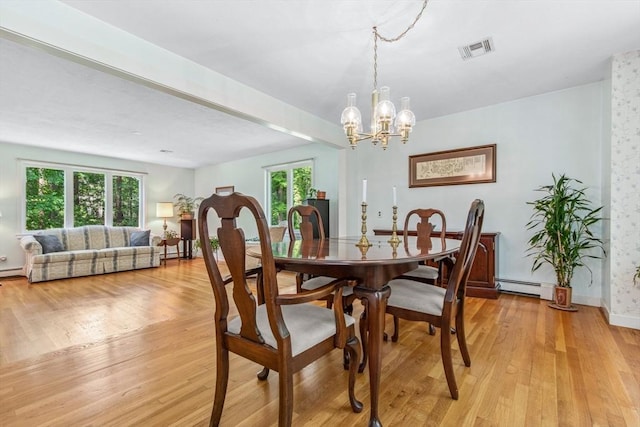 187 Middle Rd, Southborough, MA 01772 - dining area with a baseboard heating unit, light wood-style floors, a chandelier, and baseboards