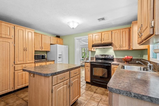 187 Middle Rd, Southborough, MA 01772 - kitchen with electric range, a sink, white fridge with ice dispenser, under cabinet range hood, and stainless steel microwave
