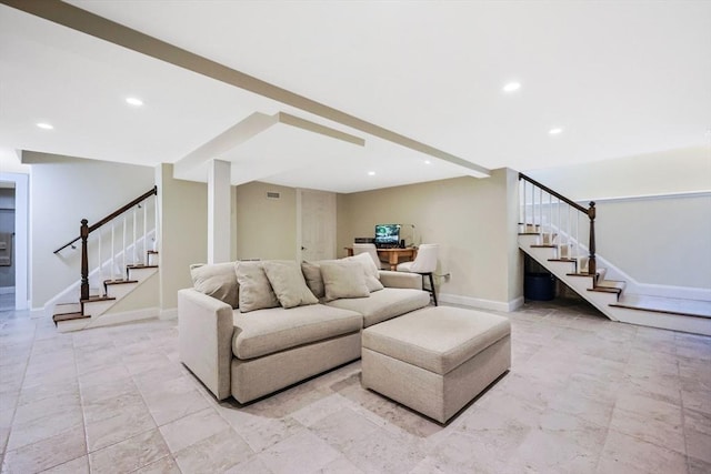 living area featuring stairs, recessed lighting, and baseboards