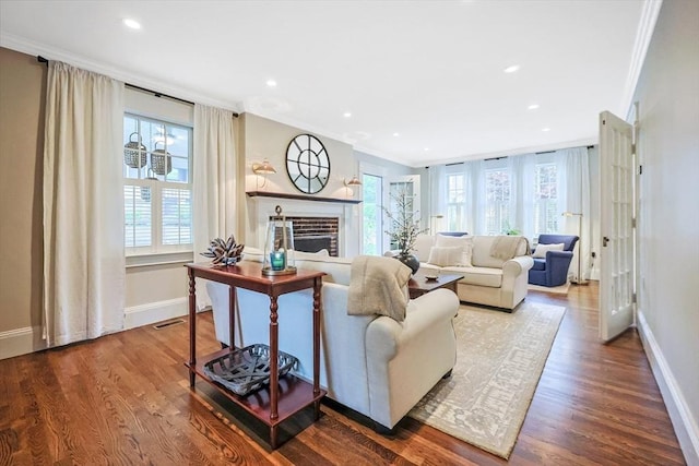living area featuring ornamental molding, wood finished floors, baseboards, a fireplace, and recessed lighting