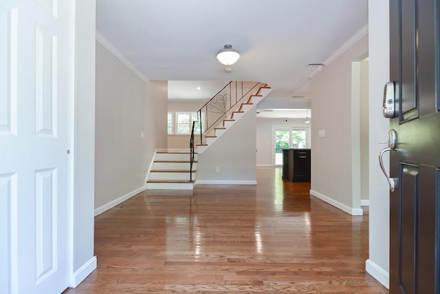 foyer with crown molding, a wealth of natural light, and hardwood / wood-style floors