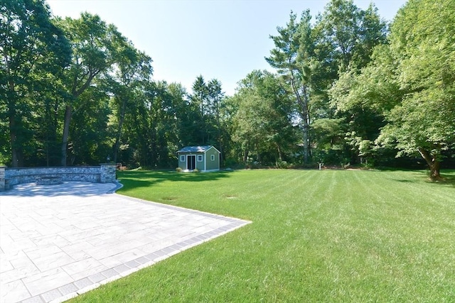 view of yard featuring a storage shed and a patio area