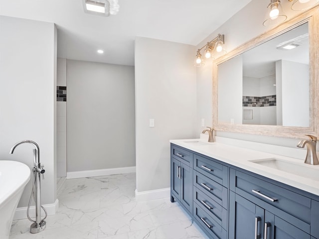 bathroom featuring shower with separate bathtub and vanity