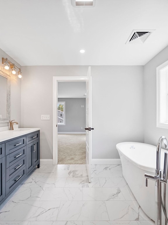 bathroom with a healthy amount of sunlight, a washtub, and vanity