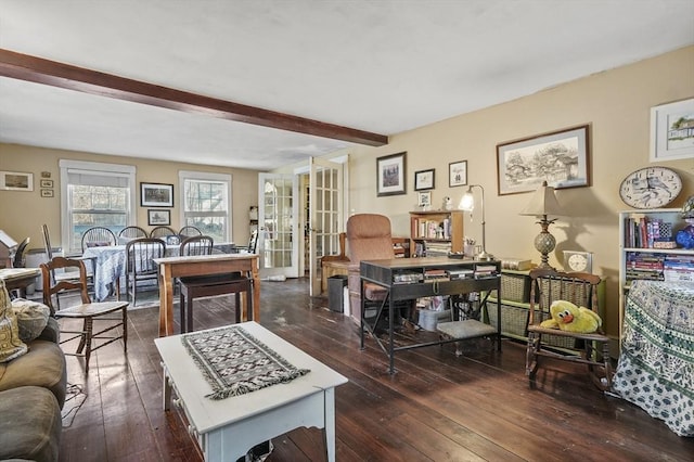 living room with beam ceiling and dark wood-style floors