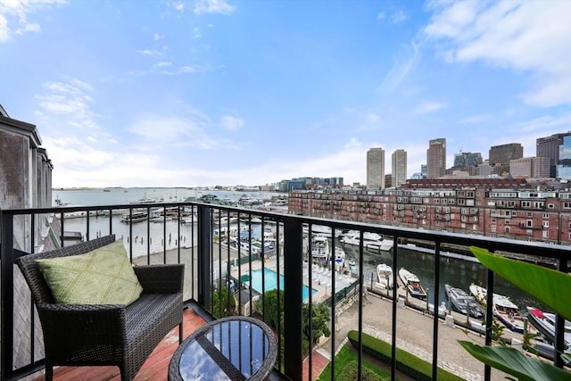 balcony featuring a view of skyline and a water view