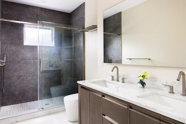 24 Ivory St, Boston, MA 02132 - bathroom featuring double vanity, toilet, and a stall shower