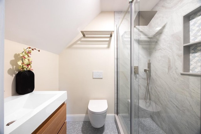 24 Ivory St, Boston, MA 02132 - full bathroom featuring toilet, vaulted ceiling, vanity, a marble finish shower, and baseboards