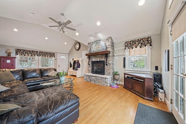 57 Century Rd, Weymouth, MA 02190 - living area featuring vaulted ceiling, a fireplace, light wood finished floors, ceiling fan, and recessed lighting