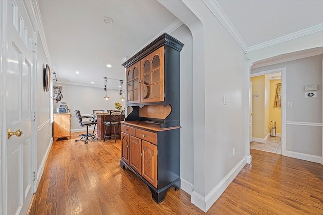 57 Century Rd, Weymouth, MA 02190 - hallway featuring baseboards, crown molding, light wood-style floors, and recessed lighting