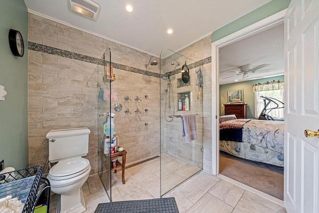 57 Century Rd, Weymouth, MA 02190 - ensuite bathroom featuring walk in shower, ornamental molding, toilet, a ceiling fan, and recessed lighting