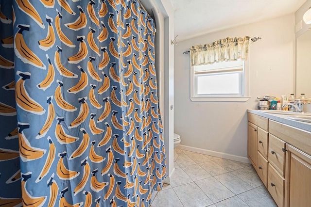 57 Century Rd, Weymouth, MA 02190 - full bathroom featuring vanity, toilet, tile patterned floors, baseboards, and a shower with curtain