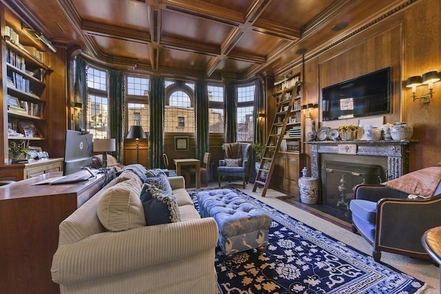 living area featuring built in features, a fireplace, wooden ceiling, coffered ceiling, and beamed ceiling