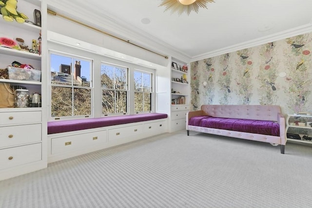 sitting room with light carpet, wallpapered walls, and ornamental molding