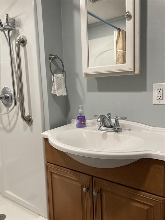bathroom with walk in shower and vanity