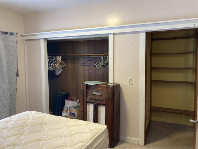 bedroom featuring light carpet and a closet