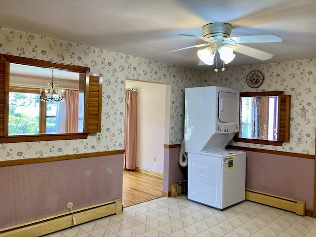 68 Briarbrook Dr, Seekonk, MA 02771 - kitchen with a baseboard heating unit, estacked washer and dryer, wallpapered walls, light floors, and ceiling fan