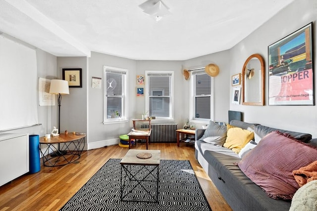 living area with radiator heating unit, baseboards, and wood finished floors