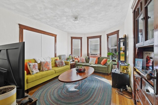 living area with a textured ceiling and wood finished floors