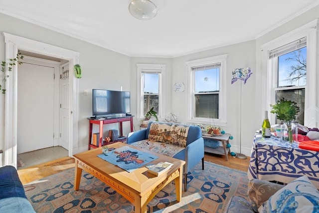 living room with baseboards, crown molding, and wood finished floors