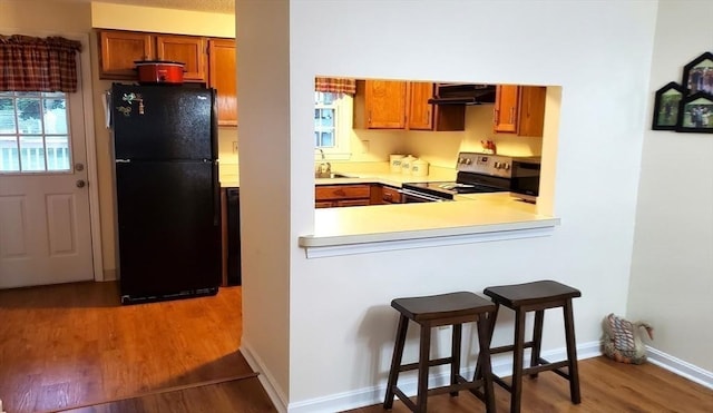 728 Auburn St Unit F8, Whitman, MA 02382 - kitchen featuring range with electric stovetop, freestanding refrigerator, ventilation hood, wood finished floors, and light countertops