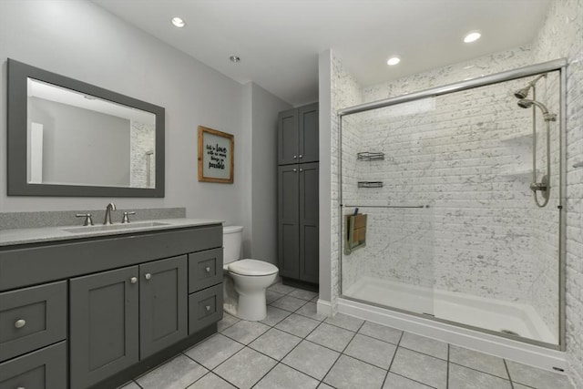 bathroom with tile patterned flooring, a shower stall, toilet, and vanity