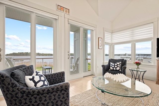266 Merrimac St Unit F, Newburyport, MA 01950 - living area with healthy amount of natural light, a water view, light wood finished floors, and vaulted ceiling
