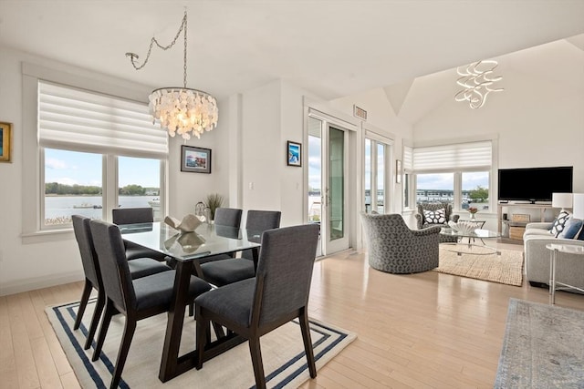 266 Merrimac St Unit F, Newburyport, MA 01950 - dining area featuring a chandelier, light wood-style flooring, healthy amount of natural light, lofted ceiling, and a water view