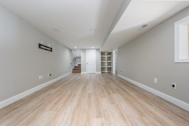 unfurnished living room with built in features and light hardwood / wood-style floors