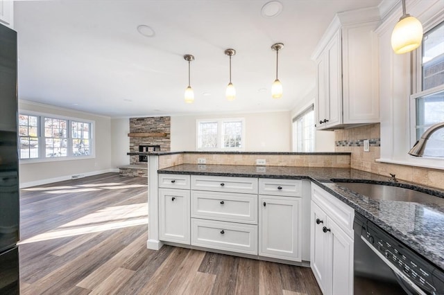 kitchen with stainless steel dishwasher, white cabinetry, and sink