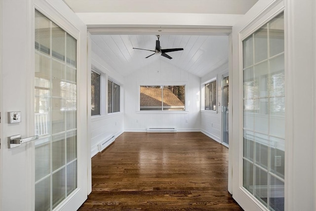 unfurnished sunroom with lofted ceiling, baseboard heating, and ceiling fan