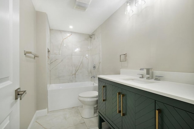 full bath featuring vanity, baseboards, shower / tub combination, toilet, and marble finish floor