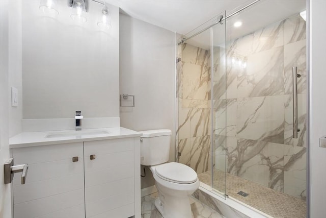 full bathroom featuring vanity, toilet, marble finish floor, and a marble finish shower