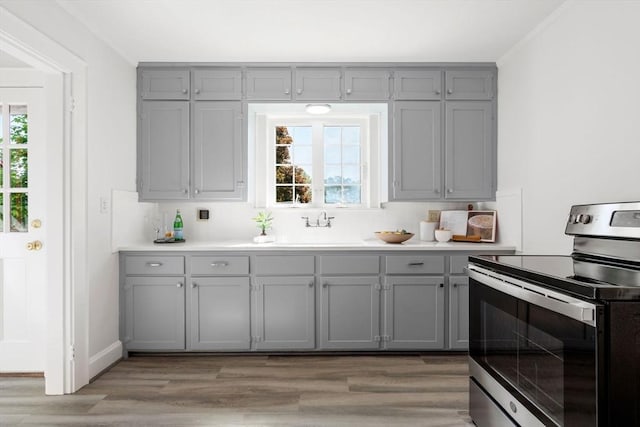 kitchen with electric range, gray cabinets, a sink, and plenty of natural light