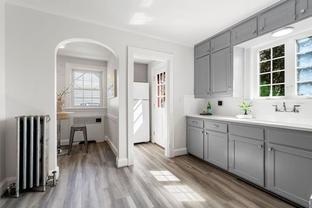 kitchen with gray cabinets, radiator, radiator heating unit, and light wood-style floors