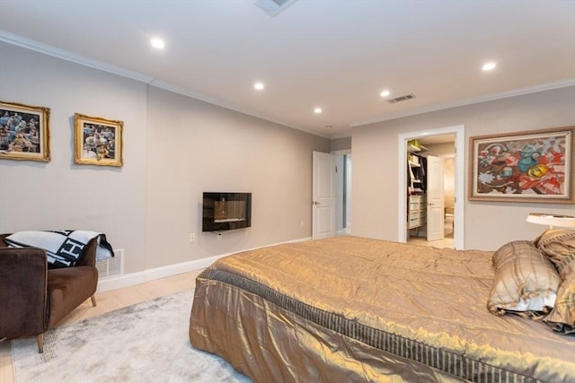 bedroom featuring crown molding, recessed lighting, and visible vents