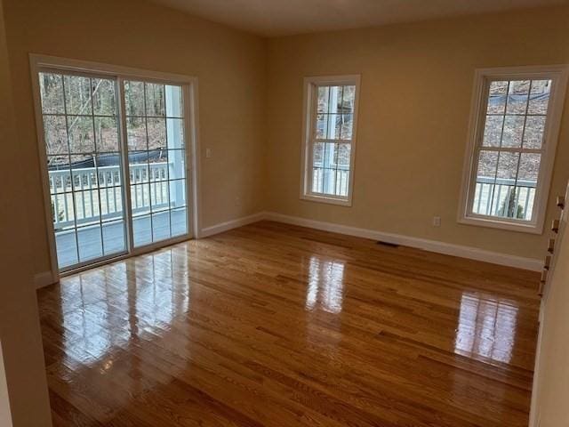 empty room with a wealth of natural light and hardwood / wood-style flooring