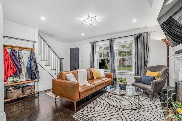 5 Vandergrift St, Lawrence, MA 01843 - living area with wood finished floors, stairway, and recessed lighting