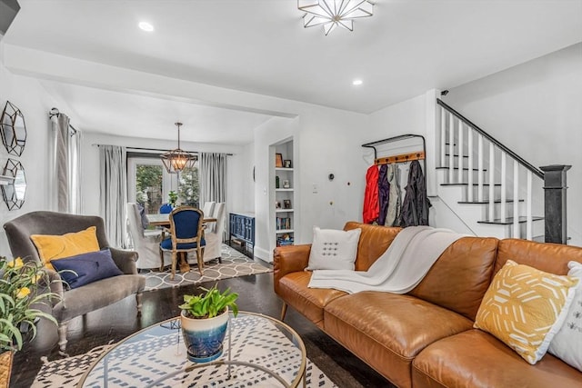 5 Vandergrift St, Lawrence, MA 01843 - living room with wood finished floors, recessed lighting, stairway, and a chandelier