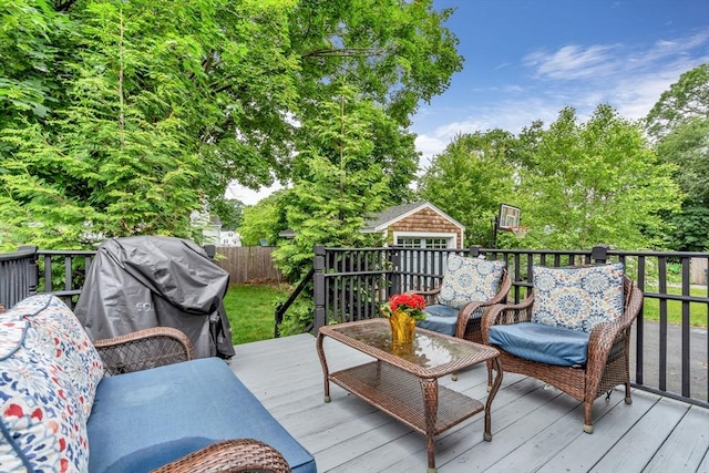 5 Vandergrift St, Lawrence, MA 01843 - wooden deck featuring a grill and an outbuilding