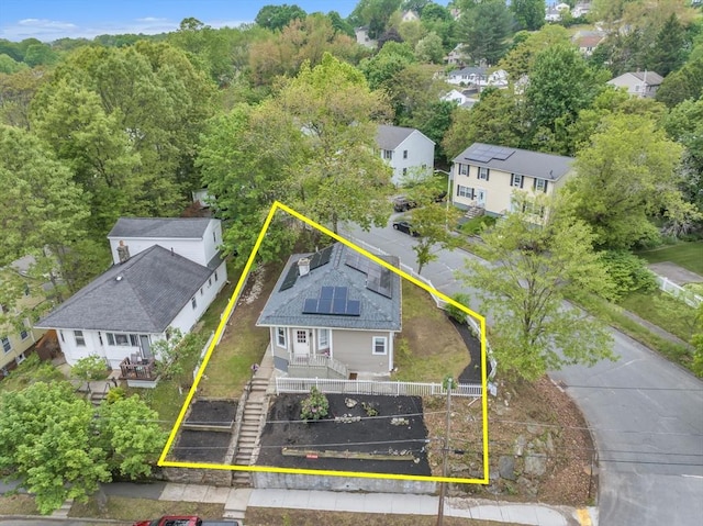 aerial perspective of suburban area with property boundaries highlighted