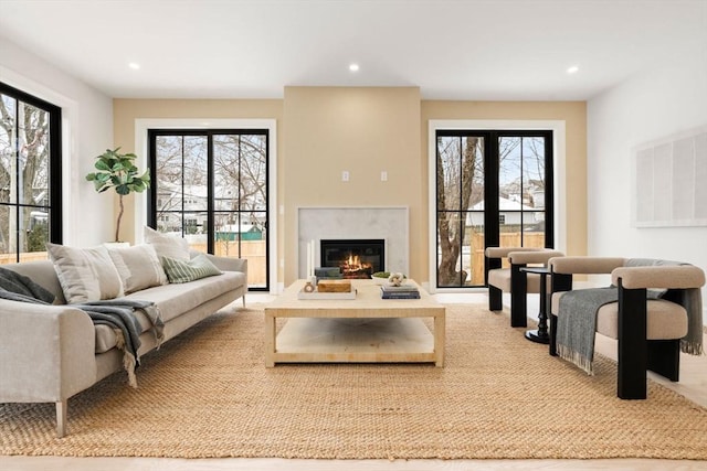 living room featuring a fireplace and a healthy amount of sunlight