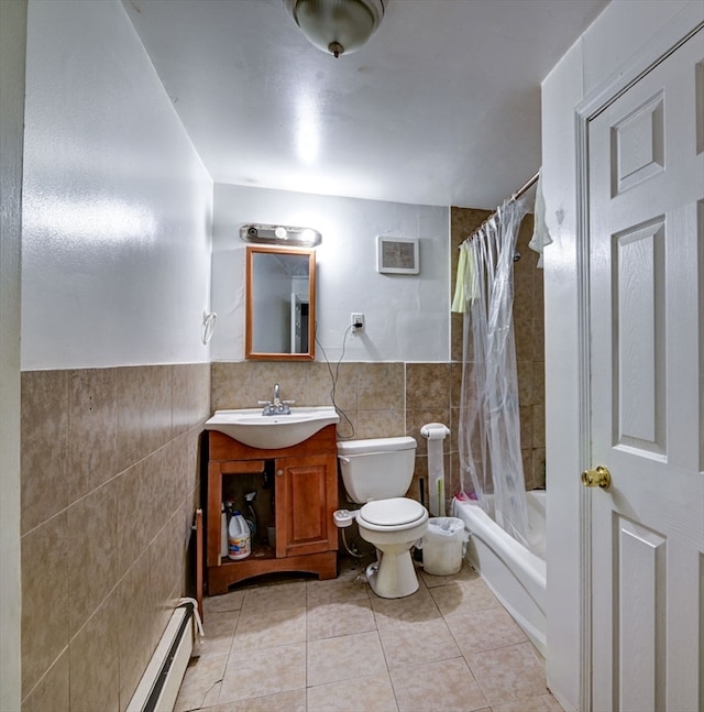 full bathroom with tile walls, vanity, toilet, and shower / bathtub combination with curtain